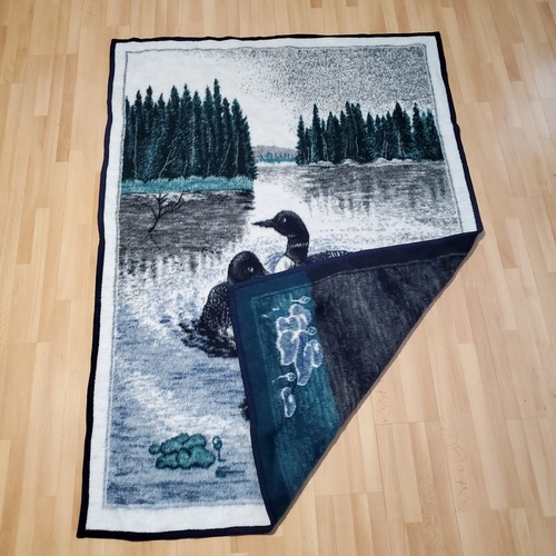 Biederlack Blanket Reversible Throw Bird Ducks Loons Waterfowl 73x53" Vtg cabin - Picture 3 of 9