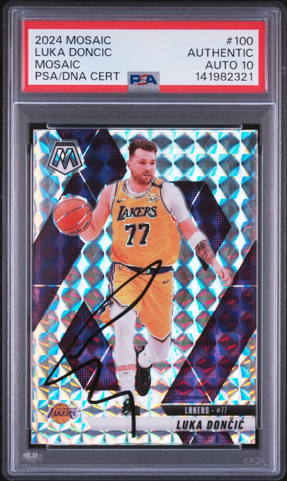 Luka Doncic Signed 2024 Panini Mosaic Mosaic Prizm PSA/DNA Auto 10 #100 Lakers