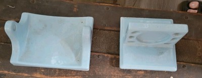 Sky Blue Glossy Ceramic Toilet Paper Holder and Toothbrush Holder Vintage Set