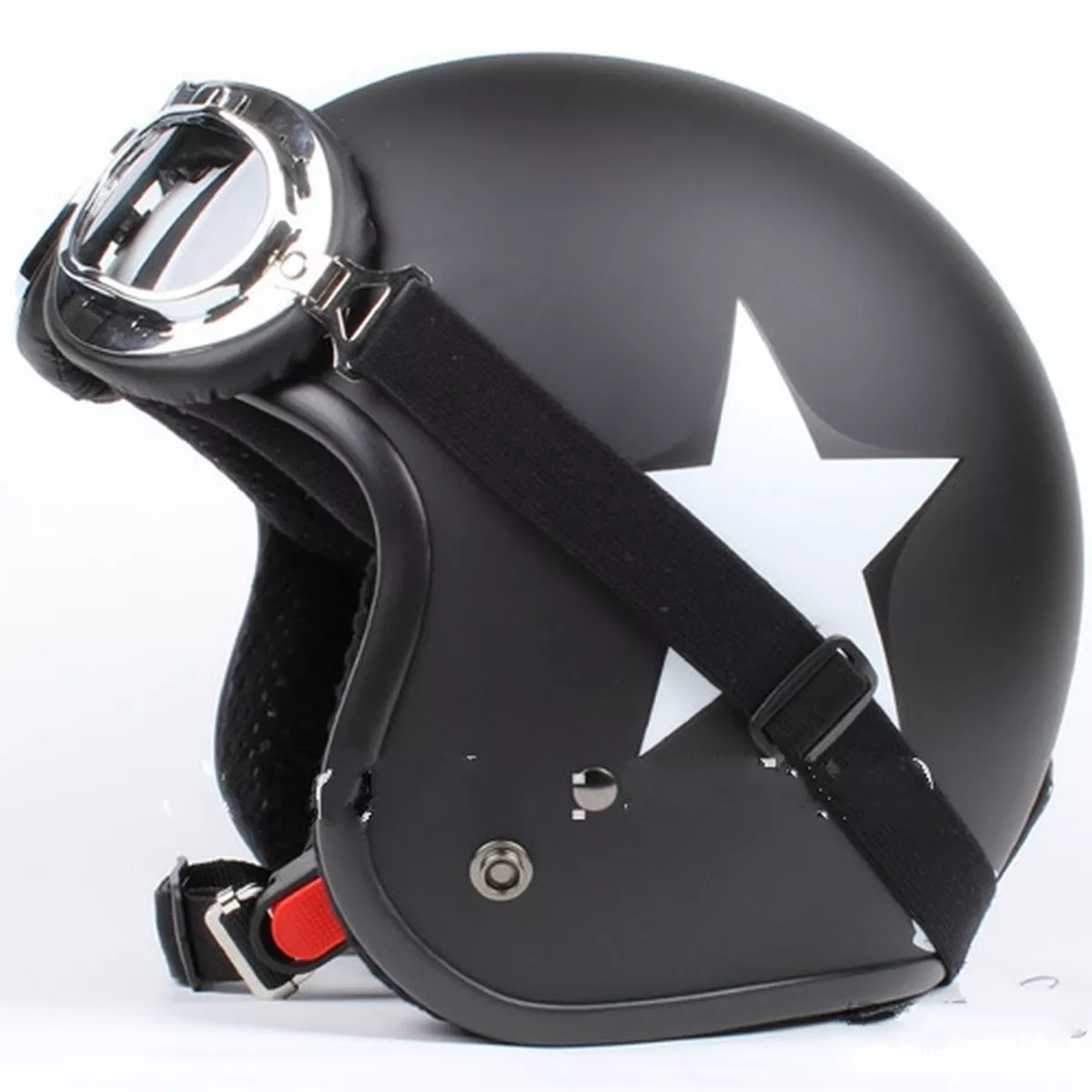 BLACK MATTE WHITE STAR JET HELMET + CAFE RACER RETRO ERA GLASSES SIZE L