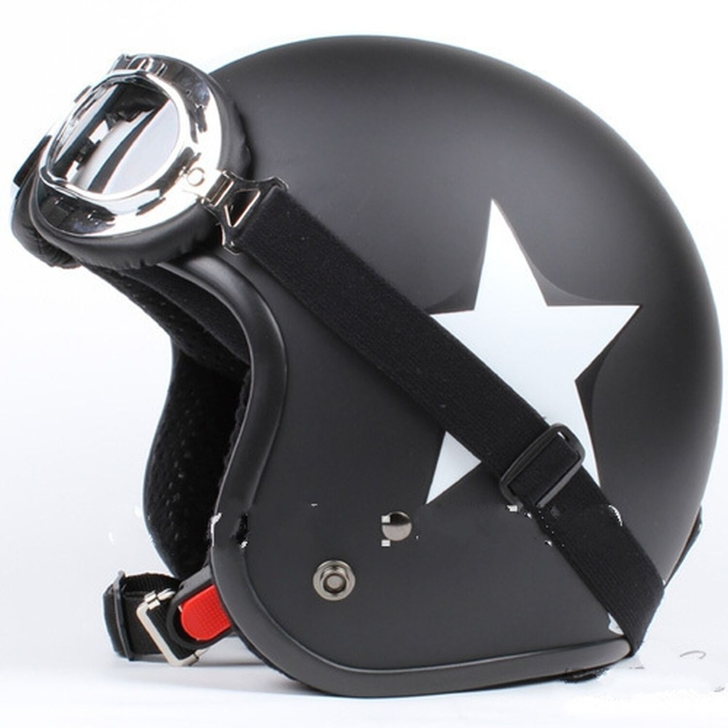 CASCO MOTO JET NERO OPACO STELLA BIANCA OCCHIALI VESPA BMW TRIUMPH HONDA TG. S