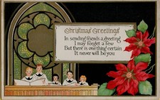 1929 CHRISTMAS GREETINGS Choir Boys & Stained Glass Poem Postcard USA Made