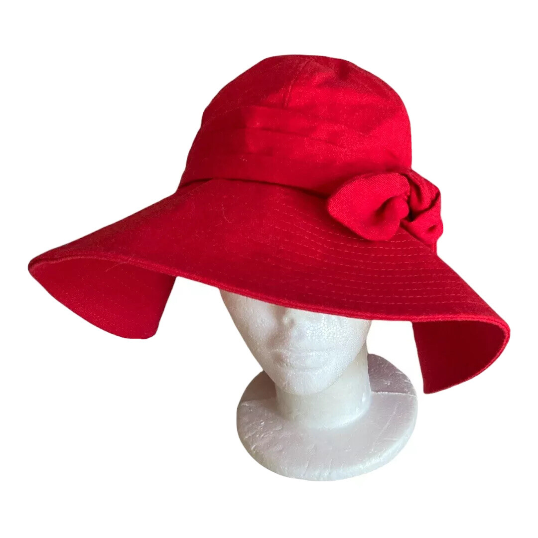 Designer Kate Landry red wide brim ladies woven sun bucket hat bow