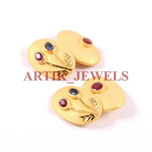 Heated Ruby & Heated Sapphire Gemstone With 925 Sterling Silver Cufflink #2746 - Picture 2 of 3