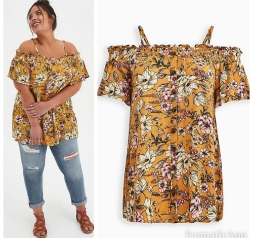 Torrid Rayon Crepe Smocked Cold Shoulder Floral yellow Top Size 2 (2X 18-20)