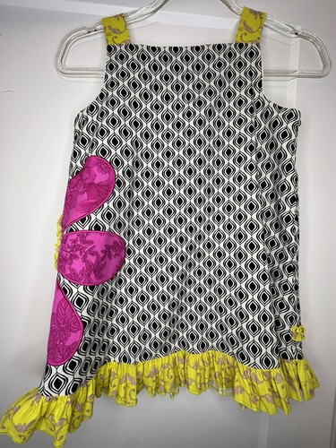 La Jenns BOUTIQUE Pink Flower Lime Ruffle Sleeveless Cotton Short Dress Size 7 - Picture 5 of 7