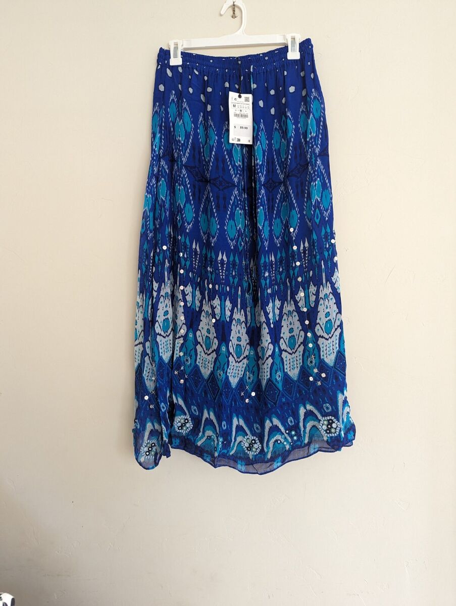 ZARA $89 BLUE PRINTED DRAWSTRING MIDI SKIRT SEQUIN 6895/075 ZARA $89 BLUE PRINTED DRAWSTRING MIDI SKIRT SEQUIN 6895/075