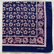 Vintage Men Bandana Navy Cotton Paisley Floral Red Art Handkerchief Kerchief 21"