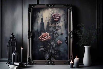 Gotischer Rosendruck, Skelettdruck, Bild, Wohnkultur, gotische Blumen