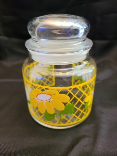 Large Anchor Hocking HILDI Daisies Glass Jar Canister Bubble Lid Yellow Set Lot - Picture 10 of 12