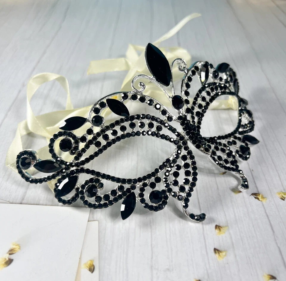 Butterfly Masquerade Black Diamond Mask, Halloween Party Silver Mask, Prom Mask - Image 3 of 4