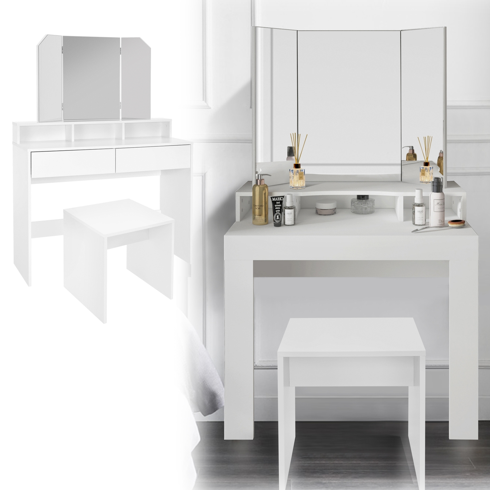 Juego de mesa de maquillaje blanca con espejo y cajones + taburete moderno