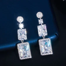 Dazzling Silver Plated White CZ Long Square Dangle Drop Earring for Brides Women