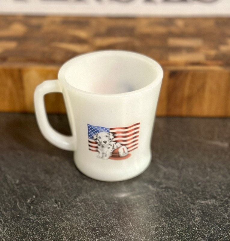 3" ANCHOR HOCKING Fire King With Puppy Flag & Fire Helmet Milk Glass Coffee Mug
