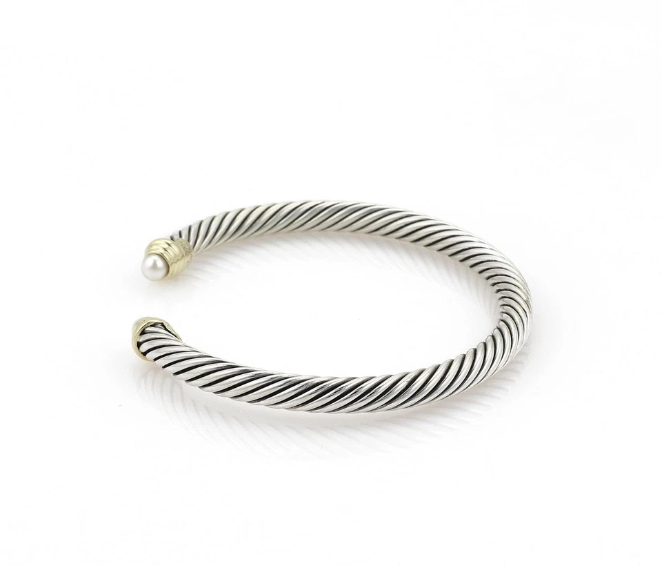 David Yurman Pearls Sterling 14k Yellow Gold Cable Cuff Bracelet - Image 2 of 4