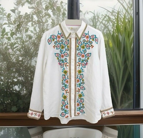 Stunning Boden Embroidered Linen Shirt White Multi Size 10R - New with Tag - 第 1/17 張圖片