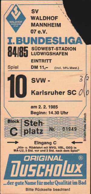 2806 Ticket Bl 84/85 SV Waldhof Mannheim - Karlsruher Sc 02.02.1985