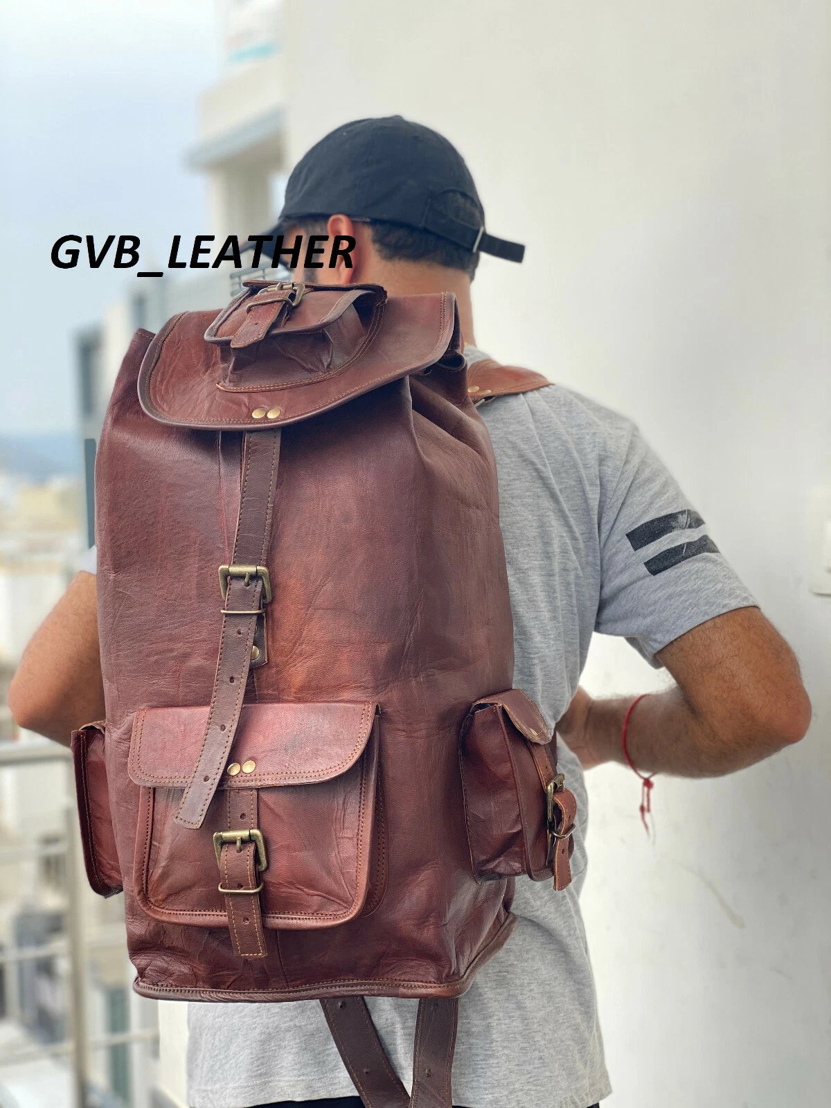 22" Men's Vintage Leather New Backpack Laptop Travel Shoulder Rucksack Bag