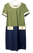 Bella Bicchi Women's Sheath Dress Size 6 Green Blue S/S Stretch Faux Pockets