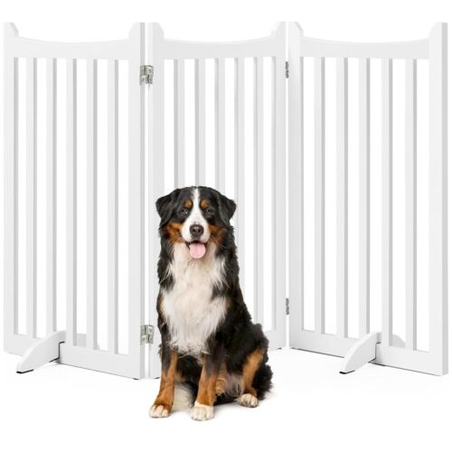 36" H 3-Panel Wooden Dog Fence w/ 2 Support Feet Folding, Indoor Dog Gate, White