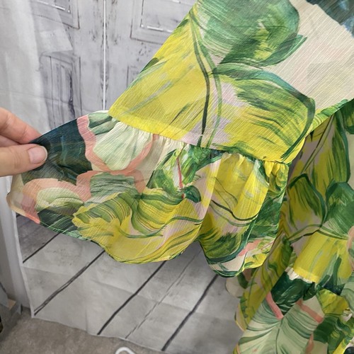 Alex Marie Size 4 Lime Green Long Sleeve V-Neck Floral Tiered A-Line Dress B10 - Picture 7 of 13