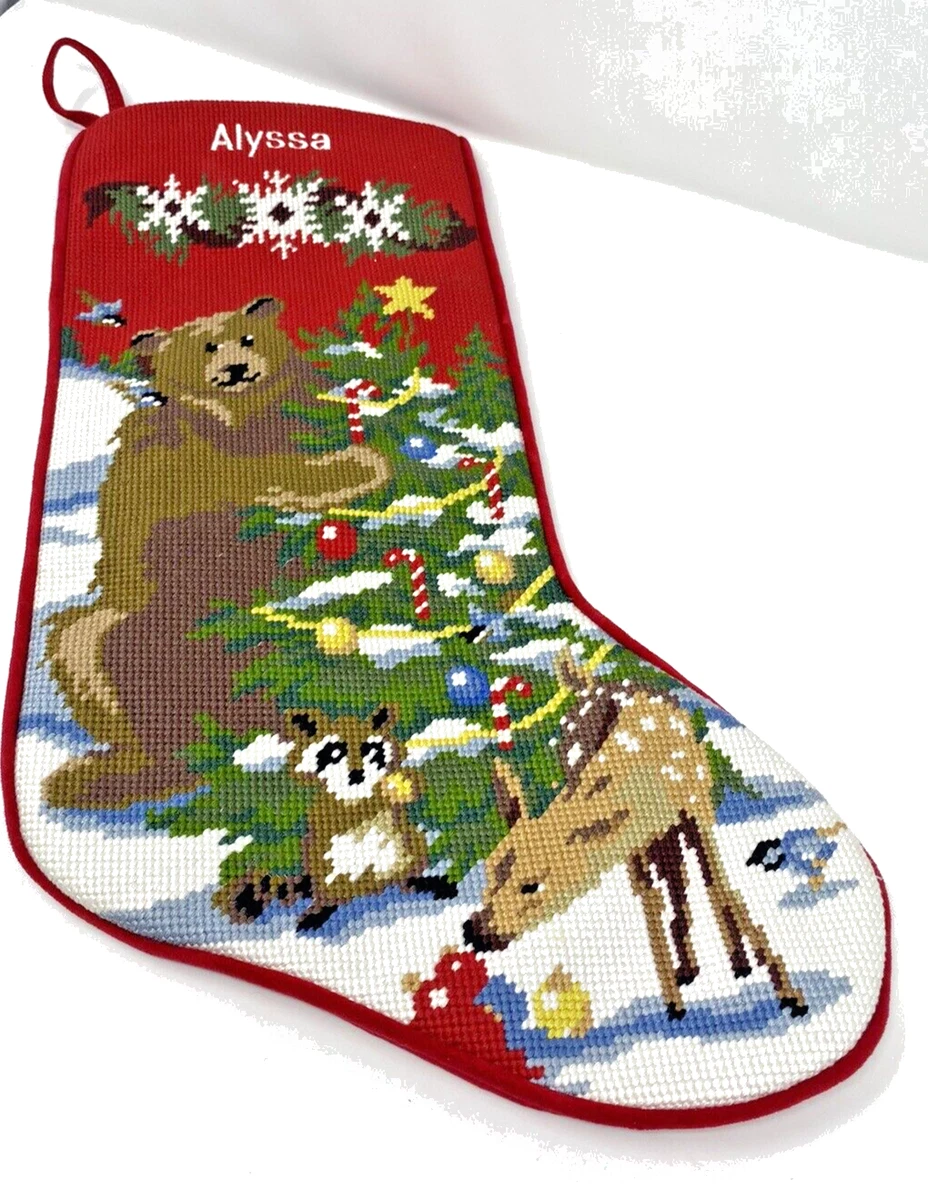 LL Bean Needlepoint Christmas Stocking Woodland Bear Deer Personalized  ALYSSA