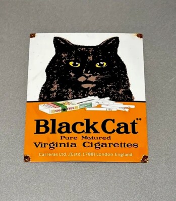 VINTAGE 18” BLACK CAT CIGARETTES TOBACCO PORCELAIN SIGN CAR GAS TRUCK OIL