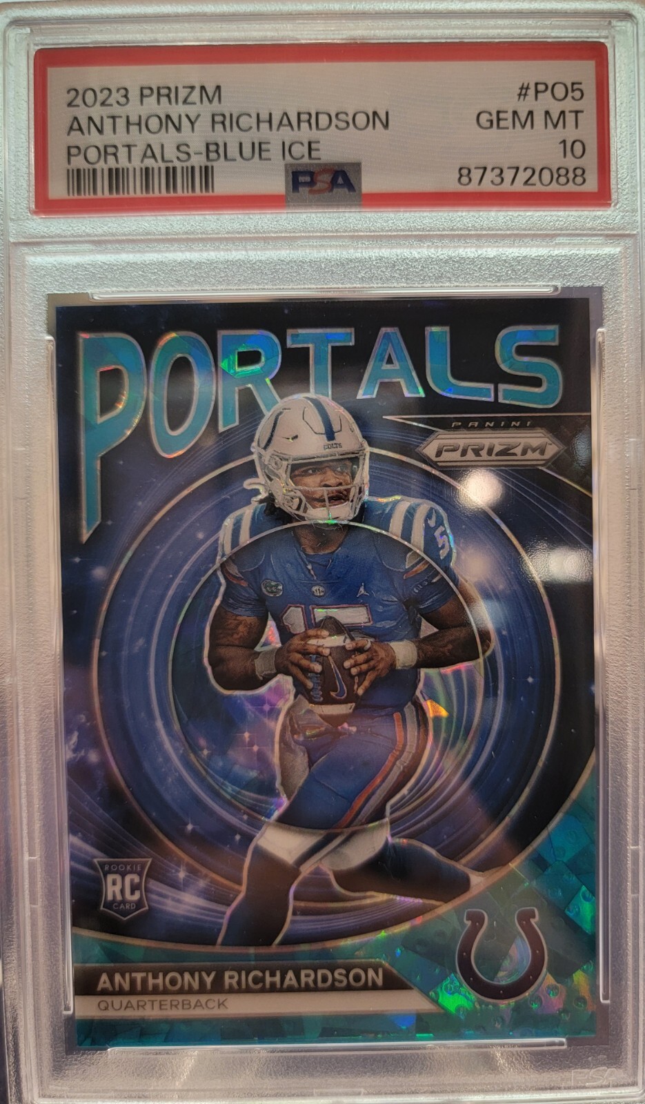 2023 Prizm Anthony Richardson Portals Rookie Colts Blue Cracked Ice /99 - PSA 10