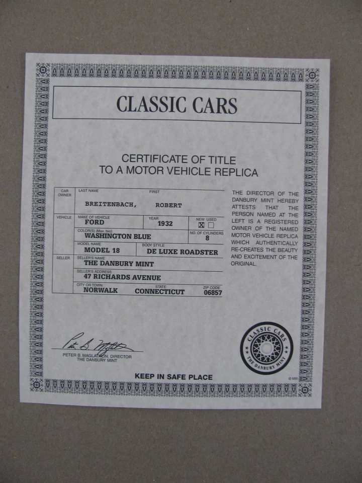 Danbury Mint Diecast Blue 1932 Ford Model 18 Deluxe Roadster Title & Paperwork - Image 2 of 4