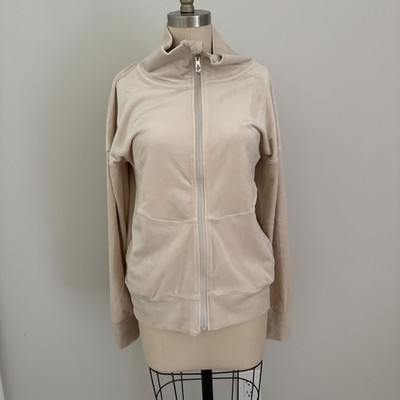 Spyder Velour Mock Neck Full Zip Jacket Cream Tan Beige Athleisure Cozy Plush M