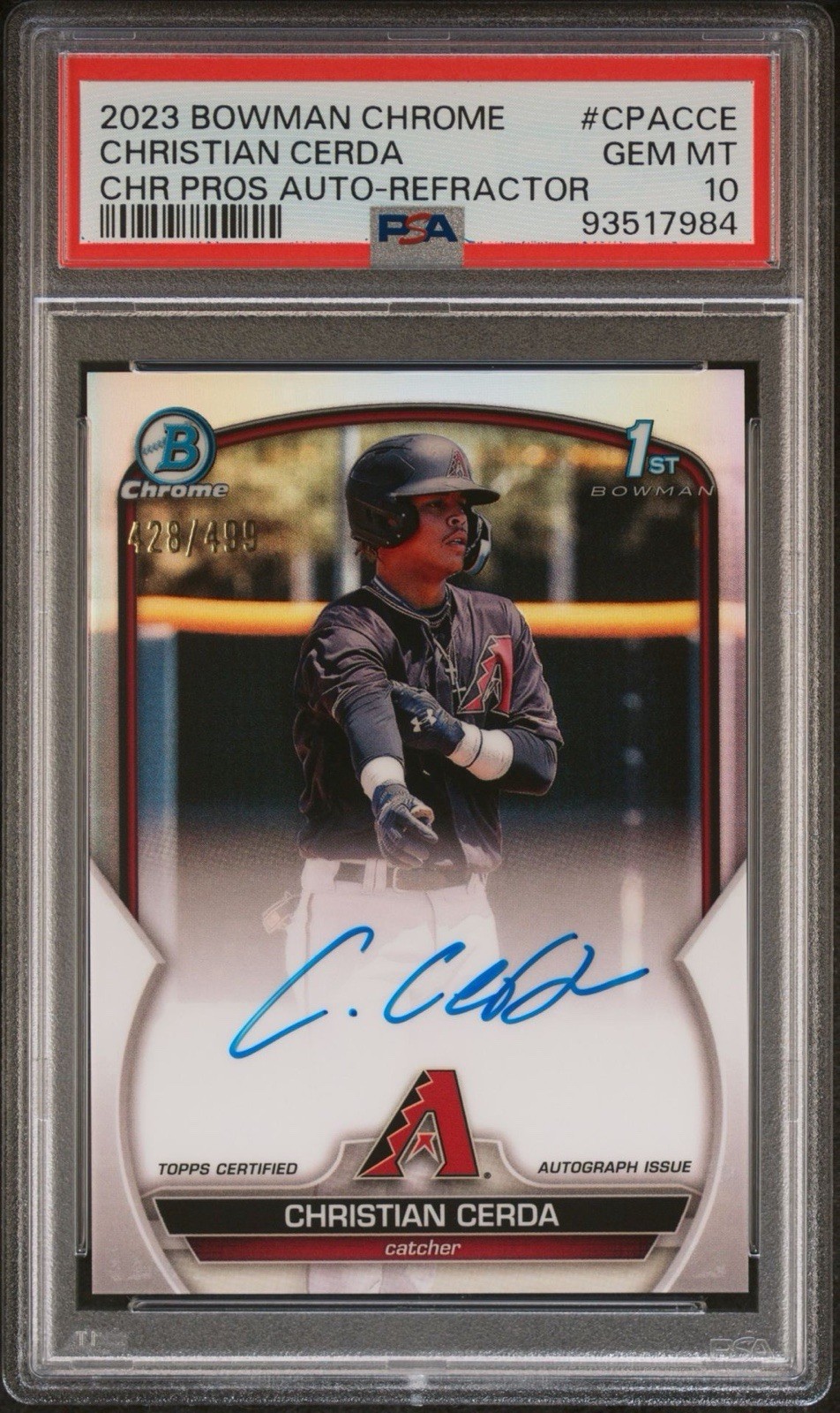 Christian Cerda 2023 1st Bowman Chrome Prospects Auto Refractor /499 PSA 10