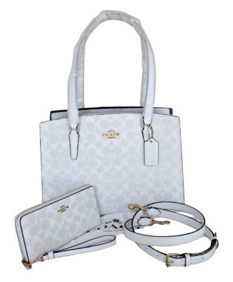 New COACH SET Signature Logo Tatum Carryall Tote/bagWallet Wristlet chalk/White
