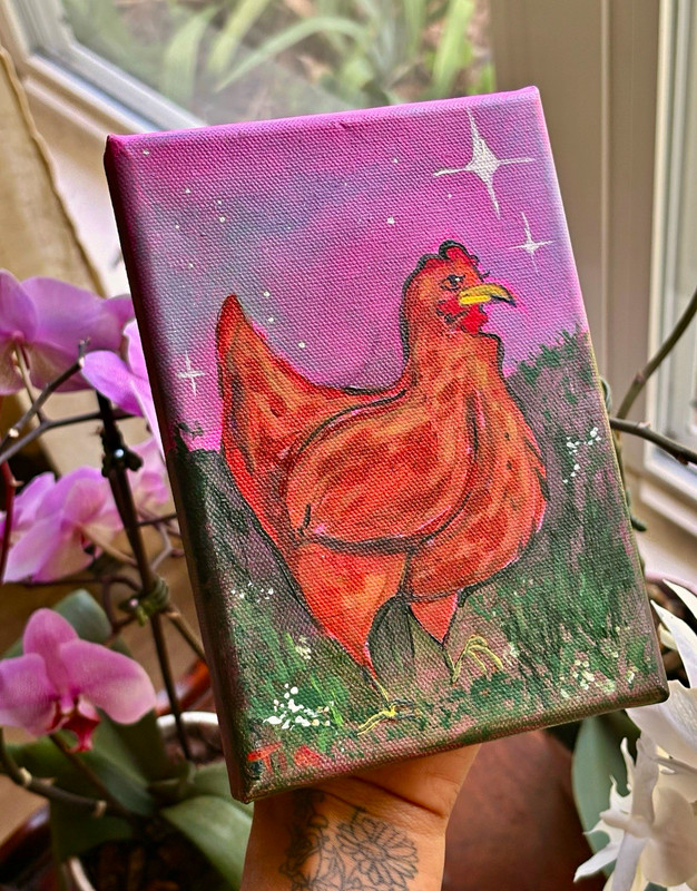 Small Folk Art Chicken Bird Painting on Canvas, Unframed Single Piece