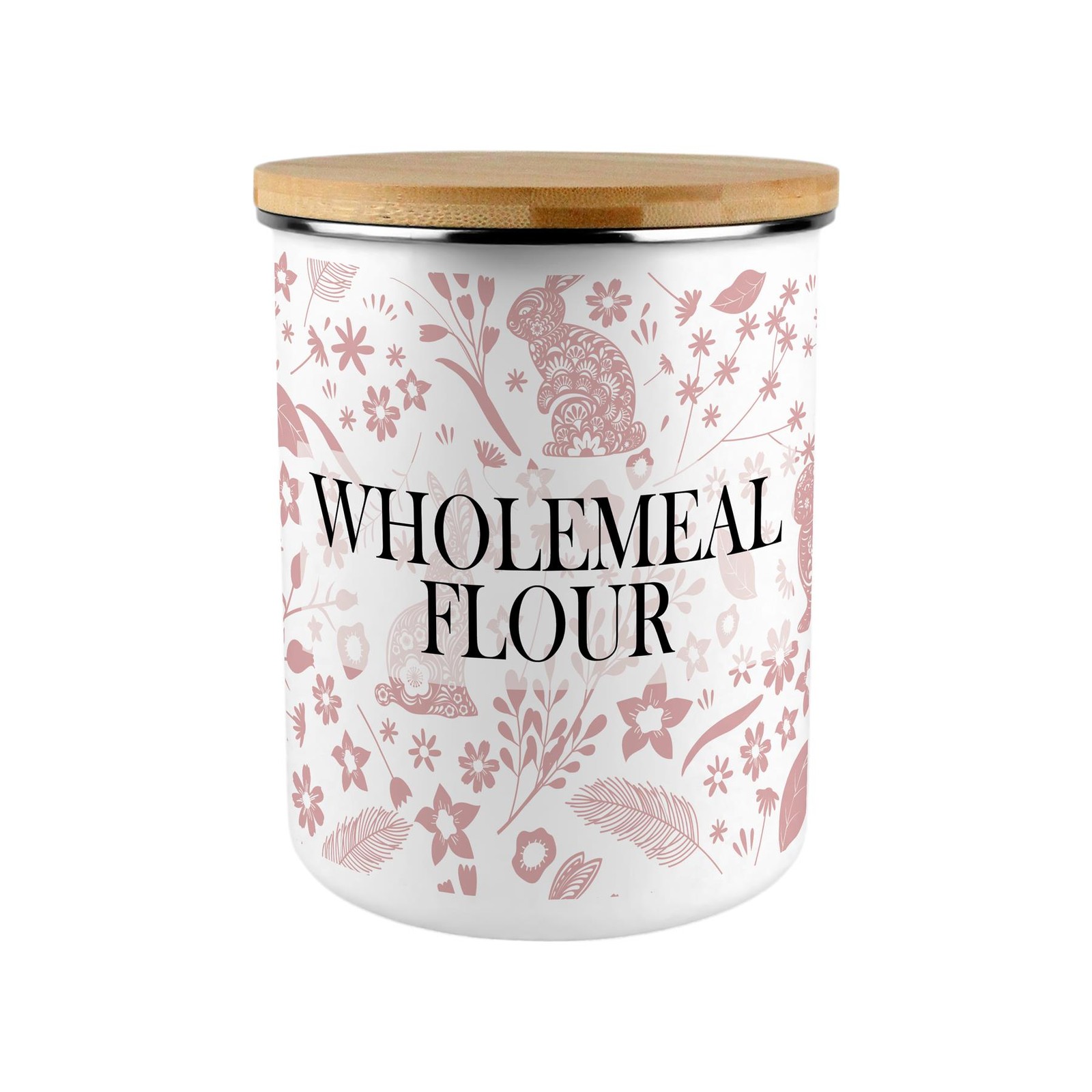 Pink Rabbits Wholemeal Flour Storage Canister - XL Enamel Container Home Gift
