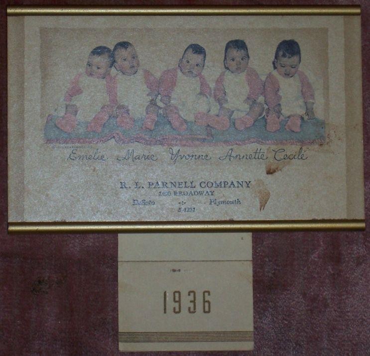 1936 Dionne Quintuplets Advertising Calendar R. L. Parnell Co Vintage Decorative