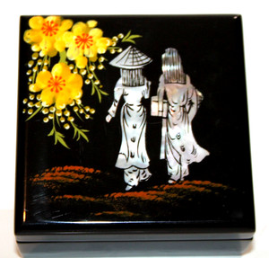 Vintage Japanese Black Lacquer Trinket Jewelry Box Hinged Mother of Pearl Inlay