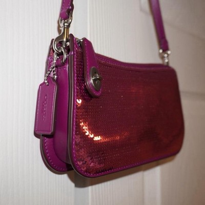 Coach Women s Dark Magenta Sequin Shoulder Bag Zip Closure Silver Hardware