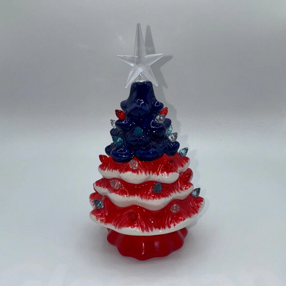 Ceramic Light Up Patriotic Christmas Star Spangled LED Tree Tabletop Decor USA - Image 2 of 4