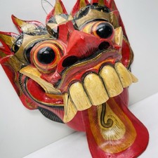 Máscara de barong balinés tallada a mano de colección madera dragón león Rangda arte Bali tribal