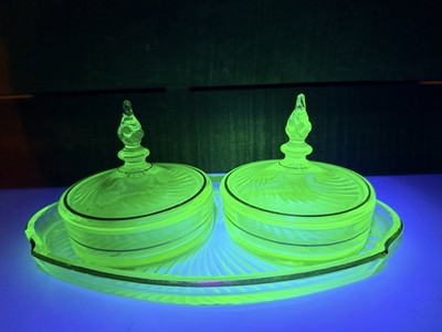 Green Uranium Glass Vanity Tray Set Tiffin ''Milady'' Trinket Lidded Powder READ