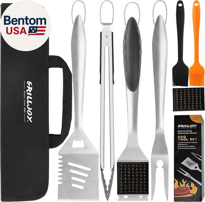 8PCS BBQ Grill Tools Set with Extra Thick Stainless Steel Spatula, Fork, Tongs &