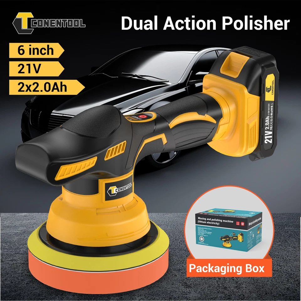 CONENTOOL 2 Battery 21V Cordless Dual Action Polisher Machine for Cars Body 6 inch 8 Speed