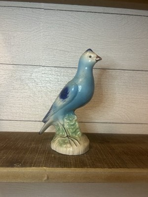 Vintage Brazil Pottery Blue Jay Porcelain Bird Figurine Hand Painted Decor 7 in.