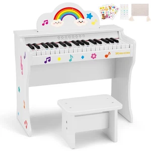 Blanc 37 Keys Kids Digital Piano Keyboard Musique en bois pour tout-petit avec Sticker, Tabouret