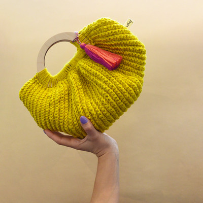 NAYHANDMADE Crochet Jute Handbag in Neon Yellow Twine with Large Tassel