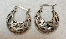 Vintage Silver Ornate Open Work Leaf Design Hoop Earrings Hinged Closure