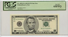 1999 $5 Federal Reserve *Star* Note Fort Worth PCGS Gem New 65PPQ