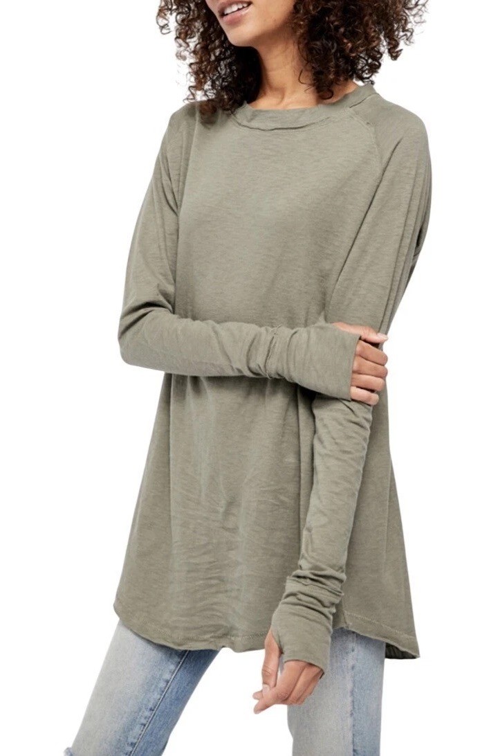 WE THE FREE Arden Tee Sz XS Sage Green Raglan Sleeve Oversized Slub Knit Cotton