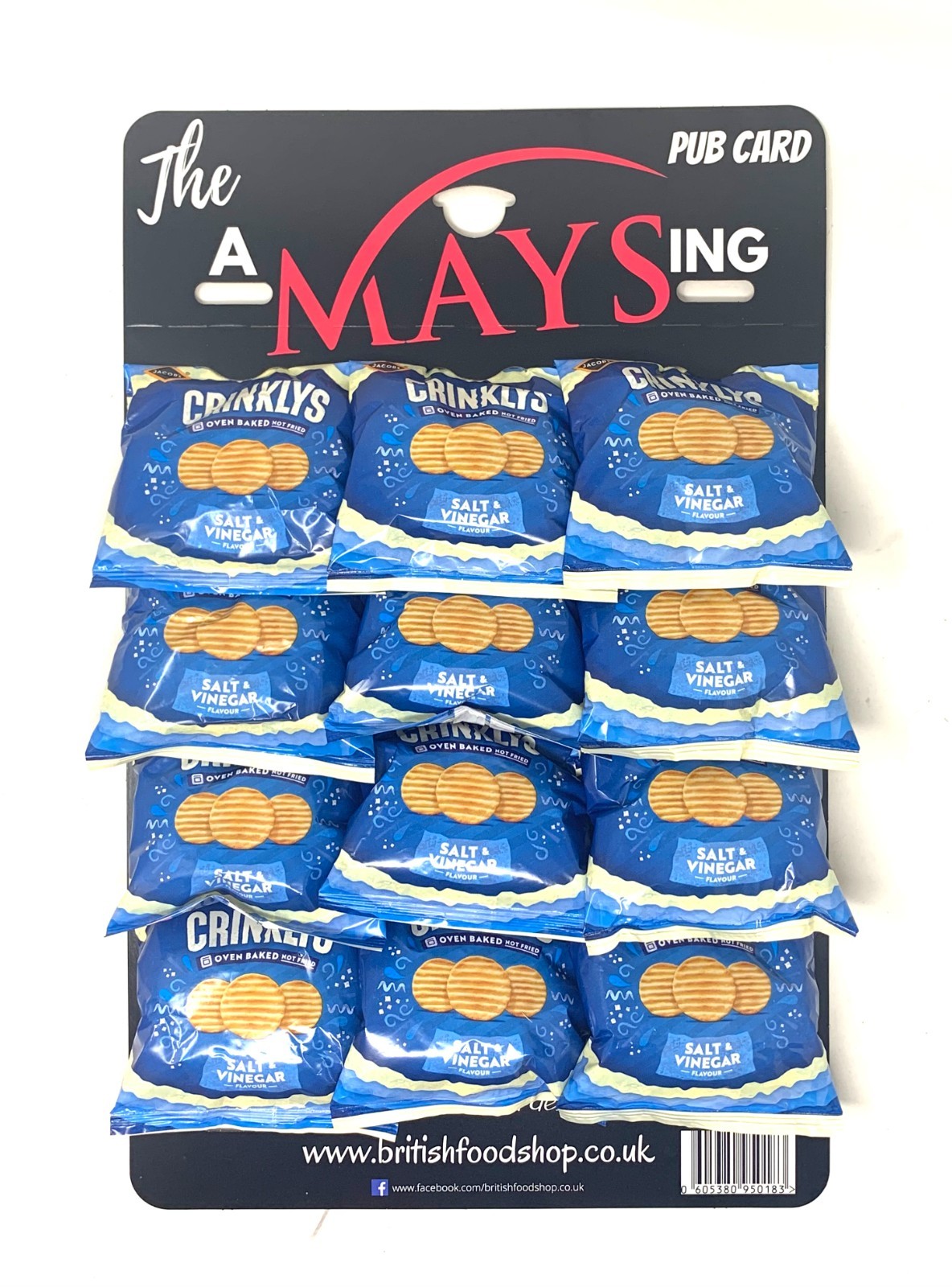 Jacobs Crinklys Salt & Vinegar Flavour Snacks Biscuits 12 x 23g on Pub Card