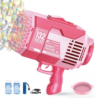 132 Hole Rocket Bubble Gun with Lights 10,000+ Bubbles Per Minute 4 Kids (PINK)